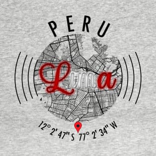 Lima PERU Road Map Art - Earth Tones T-Shirt